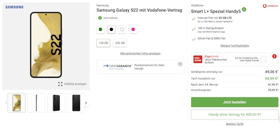 Samsung Galaxy S22 (128 GB) im Vodafone Smart L für 35€/Monat - 25GB LTE & Allnet-Flat, EU-Roaming + 100€ Startguthaben