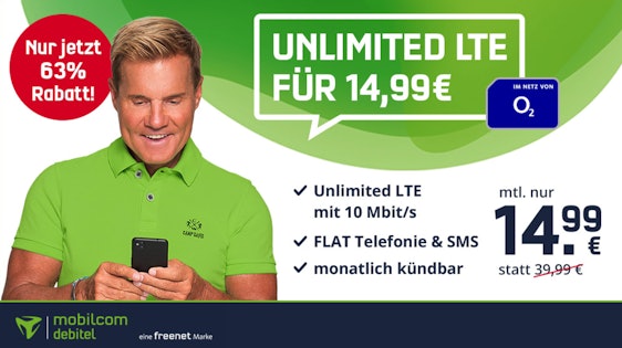 Nur noch heute! Unbegrenztes LTE-Datenvolumen für 14,99€/Monat 😍 » o2 Unlimited Smart mit Allnet- und SMS-Flat, EU-Roaming, monatlich kündbar