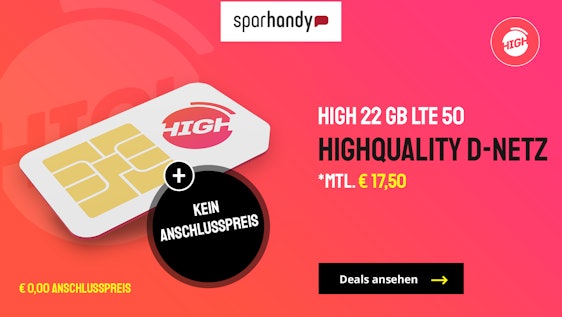Ohne Anschlusspreis! 🎉 High 22GB LTE50 Tarif für 18€/Monat - 22GB LTE, Allnet- & SMS-Flat, EU-Roaming im Telekom-Netz