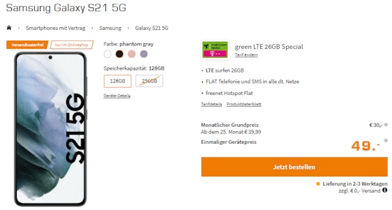Samsung Galaxy S21 (128GB) im Telekom green LTE für 34€/Monat - 26GB LTE, Allnet- & SMS-Flat, Hotspot Flat