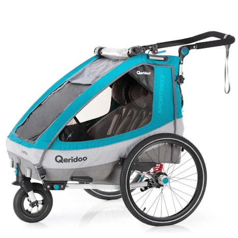 Qeridoo Sportrex2 Petrol (2020) für 359€ – Kinderfahrradanhänger für 2 Kinder, als Kinderwagen/Baby-Jogger geeignet