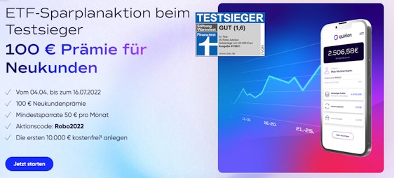 100€ Startprämie beim Abschluss eines ETF-Sparplans beim Robo-Advisor Quirion 📈💸 - für Neukund:innen