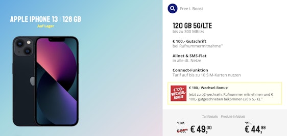 Apple iPhone 13 im o2 Free L Boost für 45€/Monat - 120GB LTE/5G, Allnet- & SMS-Flat, EU-Roaming + 100€ Wechselbonus