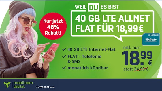 Letzte Chance! Mobilcom-debitel Telefónica 40GB LTE für 19€/Monat 🤩 – monatliche kündbare Allnet- & SMS-Flat, EU-Roaming