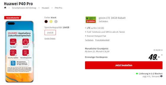 Huawei P40 Pro (256GB) im Vodafone green LTE 18GB Tarif für 39€/Monat – 18GB LTE, Allnet- und SMS-Flat, freenet Hotspot Flat