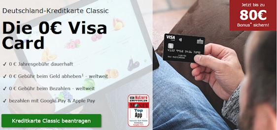 Letzte Chance! Deutschland-Kreditkarte Classic mit bis zu 80€ Prämie 💸 » kostenlose Visa weltweit ohne Gebühren 💳