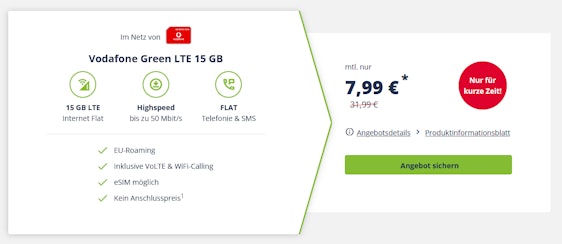 Ohne Anschlusspreis! 🤑 Vodafone Green LTE 15GB für 7,99€ im Monat » Allnet- & SMS-Flat mit 15GB LTE und freenet Hotspot Flat