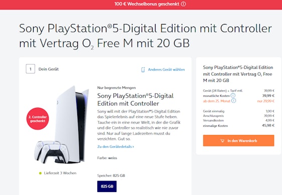 Sony PlayStation 5 - Digital Edition im o2 Free M Tarif + 2 Controller für 42€/Monat 😎🕹️ – 20GB mit max. 225 MBit/s, Allnet & SMS-Flat, EU-Roaming