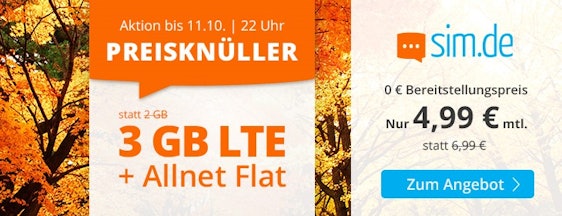 LTE All 3 GB bei Sim.de für 4,99€ – 3GB LTE, Allnet- und SMS-Flat, EU-Roaming