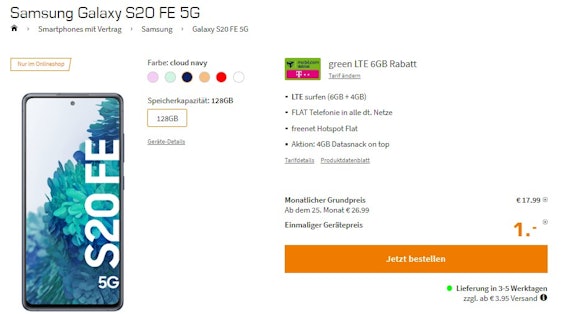 Samsung Galaxy S20 FE 5G im Telekom green LTE für 20€/Monat - 10GB LTE, Allnet-Flat, freenet Hotspot Flat