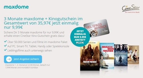 3 Monate Maxdome + Kinogutschein für 10€ (Gesamtwert: 36€)