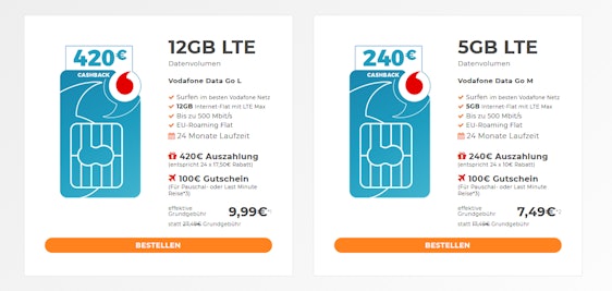 Data Cash von Handyflash: Vodafone Data Go L für 9,99€ / Monat oder Vodafone Data Go M für 7,49€ / Monat - bis zu 12GB LTE