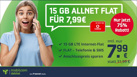 Letzte Chance! 🧨💡 Vodafone green LTE 15 GB für 8€/Monat – 15 GB LTE, Allnet- & SMS-Flat, EU-Roaming