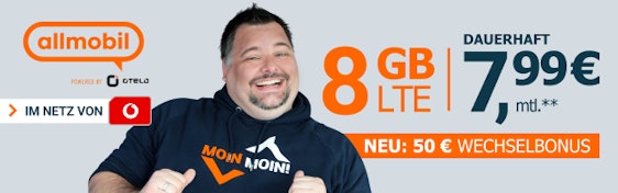 Allmobil Allnet Flat L für 8€/Monat – 8GB LTE mit Allnet- und SMS-Flat im Vodafone-Netz + 50€ bei Rufnummermitnahme