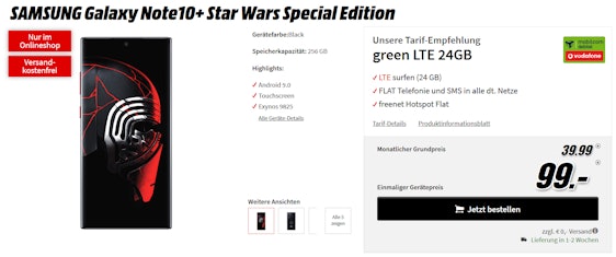 Top! Samsung Galaxy Note 10+ Star Wars Edition im Vodafone green LTE 24GB für 46€ im Monat » 202€ günstiger als Idealo 🤯