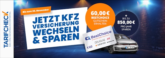Nur bis morgen! Tarifcheck: KFZ-Versicherung vergleichen und wechseln » mit 60€ BestChoice-Gutschein 🚘