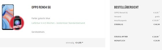 Oppo Reno4 5G + Oppo Watch im o2 Blue All-In M für 27€/Monat - 18GB LTE, Allnet- & SMS-Flat, EU-Roaming