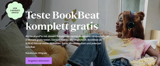 8 Wochen BookBeat gratis hören - Auswahl aus über 500.000 Hörbüchern, nur für Neukund:innen
