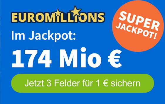 Ziehung heute! 🍀 3 Felder EuroMillions für 1€ bei Lottohelden - mit 174 Millionen Euro im Jackpot 💰