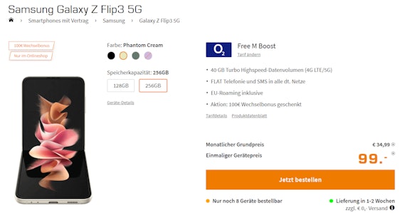 Samsung Galaxy Z Flip 3 (256GB) im o2 Free M Boost für 41€/Monat - 40GB LTE/5G, Allnet- & SMS-Flat, EU-Roaming