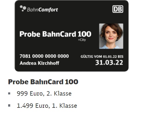 Probe BahnCard 100 ab 999€ - 3 Monate lang gültig, in der 2. Klasse