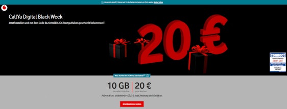 Black Week Deal! Vodafone CallYa Digital Prepaid-Tarif für 20€ für 4 Wochen + 20€ Startguthaben 😍 – 10GB LTE, Allnet- und SMS-Flat, EU-Roaming