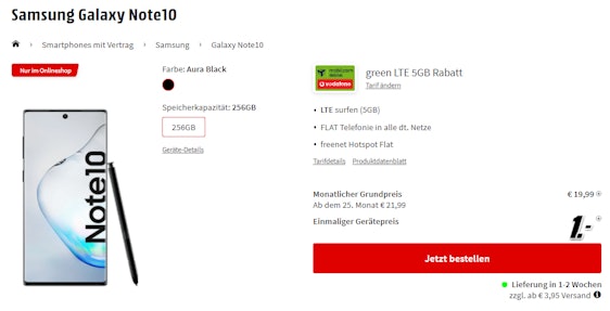 Samsung Galaxy Note 10 im Vodafone green LTE für 22€/Monat - 5GB LTE, Allnet- & Hotspot-Flat