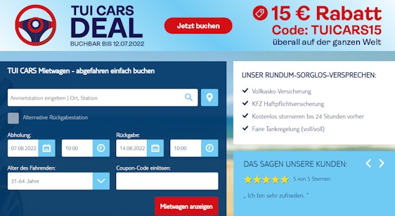 15€ TUI Cars Gutschein für Mietwagen ab 3 Tagen Mietdauer & ohne MBW – für weltweite Buchungen