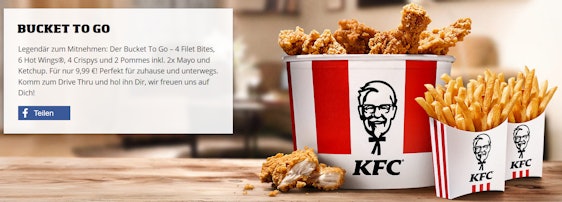 KFC Bucket to go für 10€ – 4x Filet Bits, 6x Hot Wings, 4x Crispys, 2x Pommes
