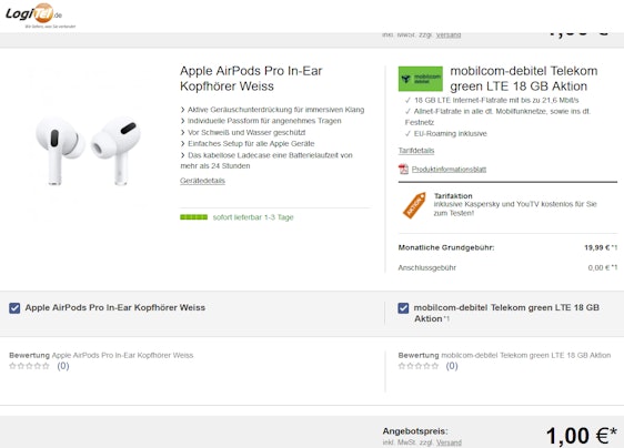 Apple Airpods Pro oder Nintendo Switch Lite Grau im Mobilcom-debitel Telekom green LTE Tarif für 20€/Monat 🎧😍 – 18GB LTE, Allnet- & SMS-Flat, EU-Roaming