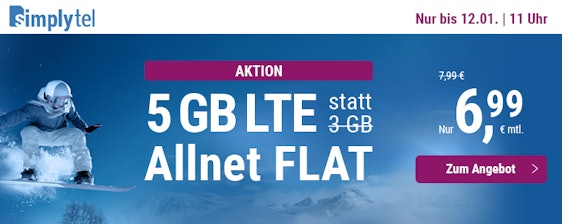 Simplytel LTE 3000 + 2GB für 6,99€/Monat – 5GB LTE, Allnet- und SMS-Flat, EU-Roaming