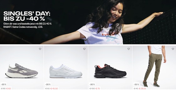 Letzte Chance! Singles Day bei Reebok! Mit bis zu 40% Rabatt auf ausgewählte Artikel - z.B. Reebok Liquifect 90 Shoes für 42€