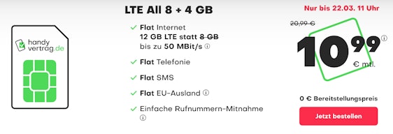Handyvertrag.de LTE All 8+4GB für 10,99€/Monat – 12GB LTE im O2-Netz, Allnet- & SMS-Flat, EU-Roaming