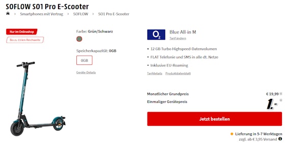 Soflow So1 Pro E-Scooter + Blue All-in M für 22€/Monat – 12GB LTE, Allnet & SMS-Flat, EU-Roaming