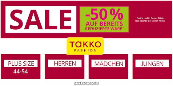 50% Rabatt auf bereits reduzierte Ware bei Takko – z. B. T-Shirts ab 0,99€