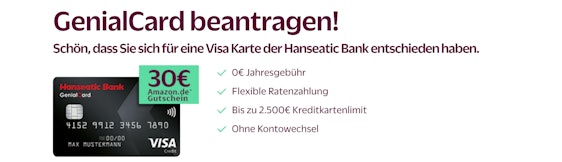 Hanseatic GenialCard mit bis zu 30€ Amazon-Gutschein » kostenlose Visa-Kreditkarte weltweit ohne Gebühren 💳